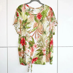 J. Jill Love Linen T Shirt Blouse Tropical Print Size XL Leaves Flowers